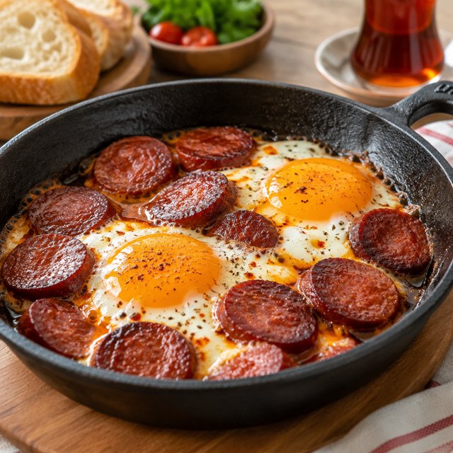 Sucuklu yumurta, ekmek bandırmalık