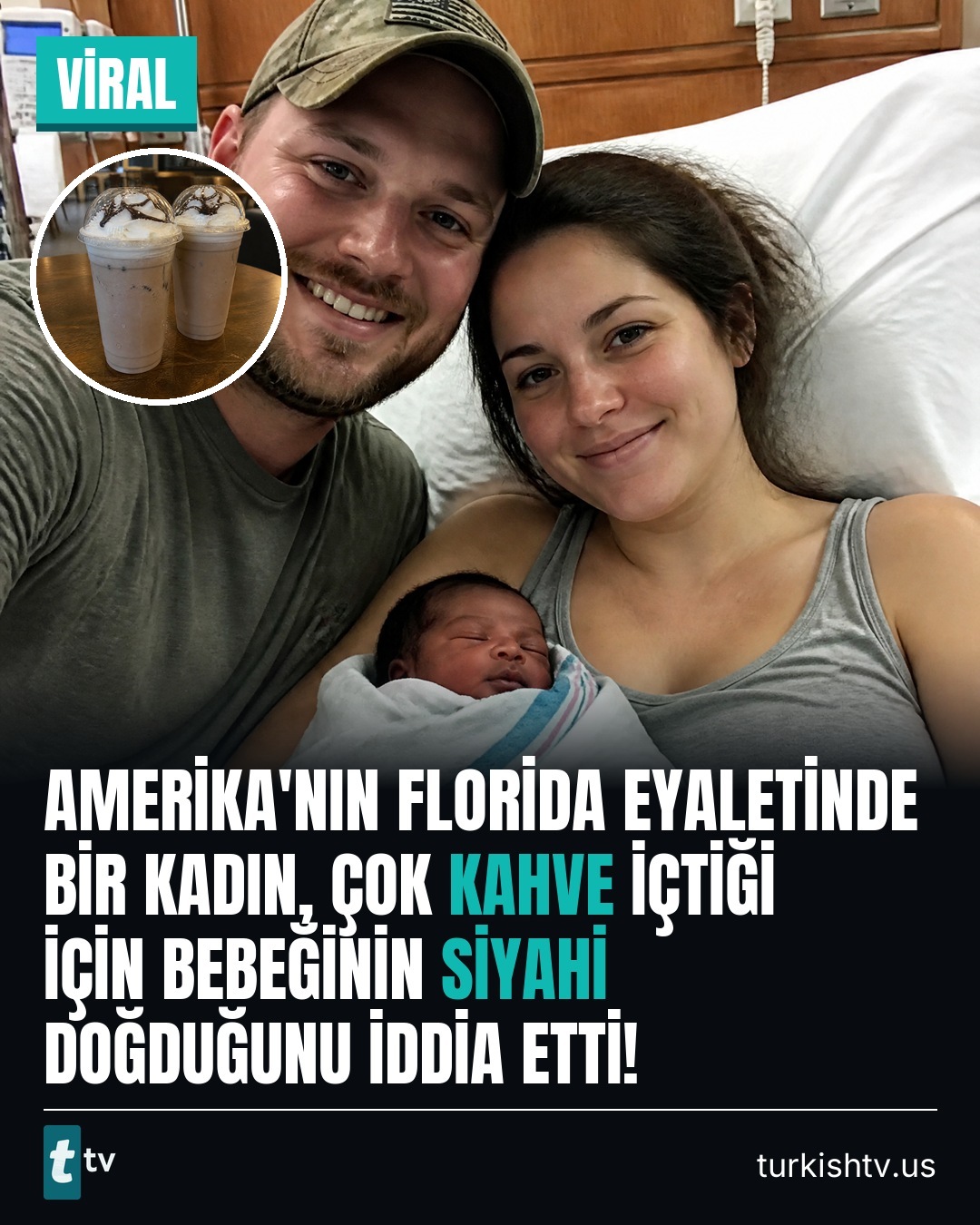 Hastane odasında yeni doğmuş bebeğiyle gülümseyen çift ve yanında iki bardak buzlu kahve